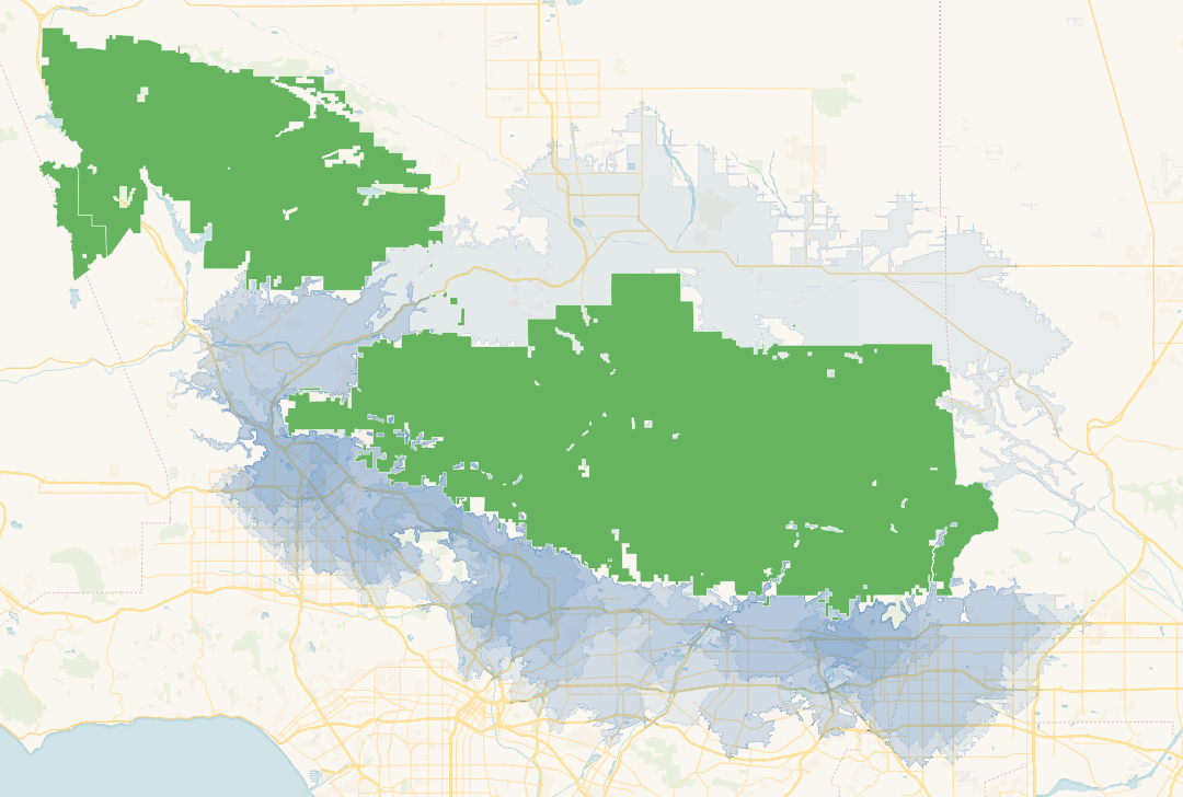map of Angeles National Forest surrounded by overlapping blue shapes for each entrance's driveshed